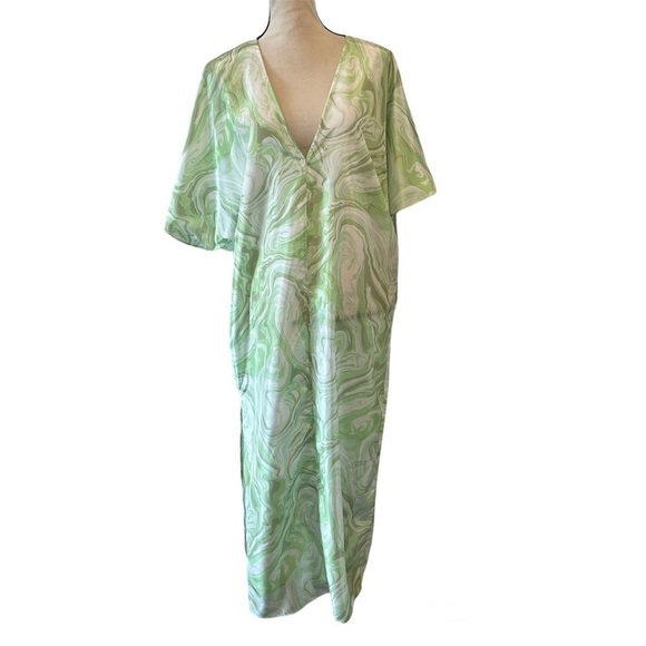 H&M WOMENS KAFTAN DRESS GREEN MARBLED V-NECK SIZE M - Picture 2 of 9